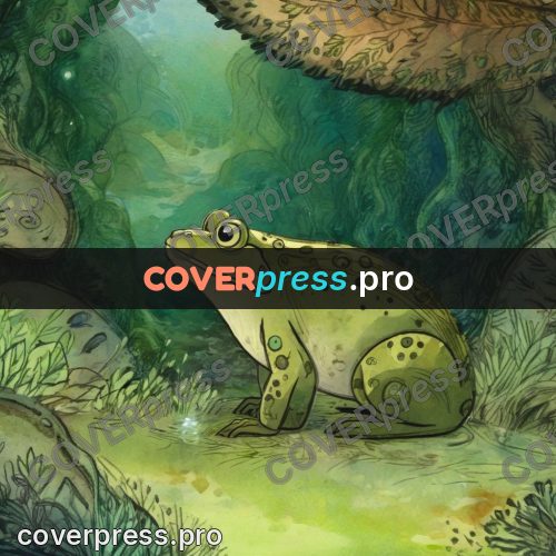 Fairy tale drawing: frog on a mossy stone