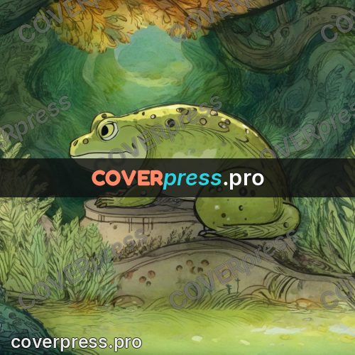 Fairy tale drawing: frog on a mossy stone