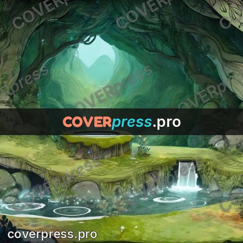 Fairy tale drawing: grotto with green waterfalls