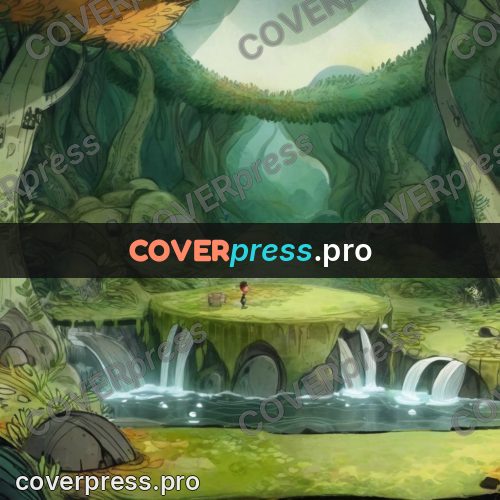 Fairy tale drawing: grotto with green waterfalls