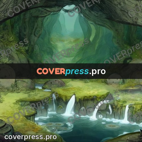 Fairy tale drawing: grotto with green waterfalls