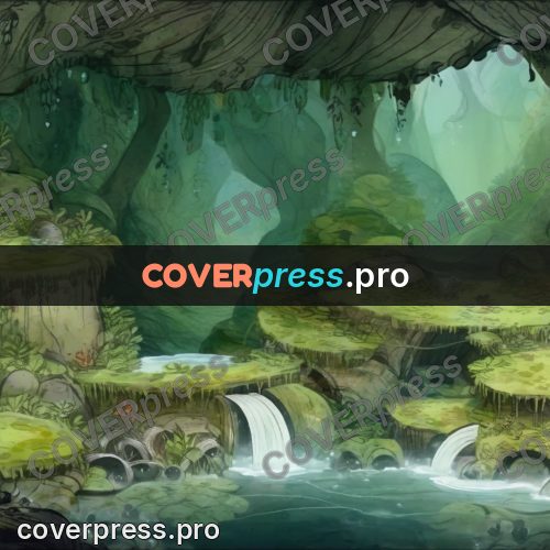 Fairy tale drawing: grotto with green waterfalls