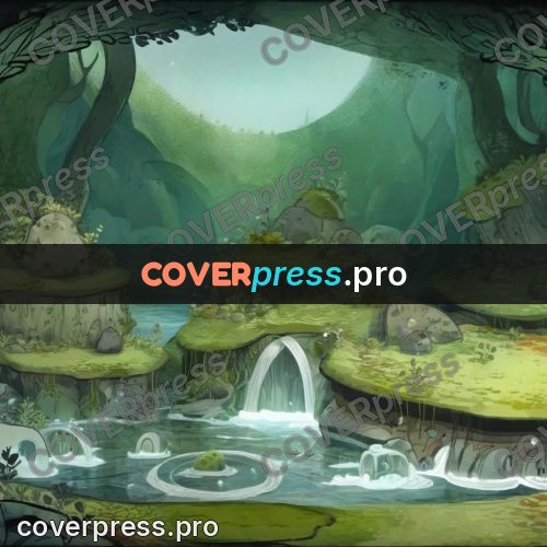 Fairy tale drawing: grotto with green waterfalls