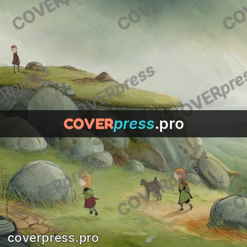 Fairy tale drawing: figure on a hill among boulders