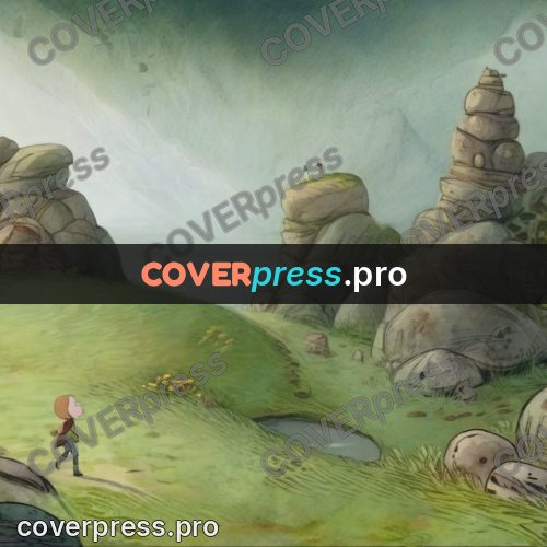 Fairy tale drawing: figure on a hill among boulders