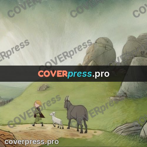Fairy tale drawing: figure on a hill among boulders