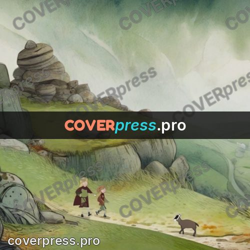 Fairy tale drawing: figure on a hill among boulders