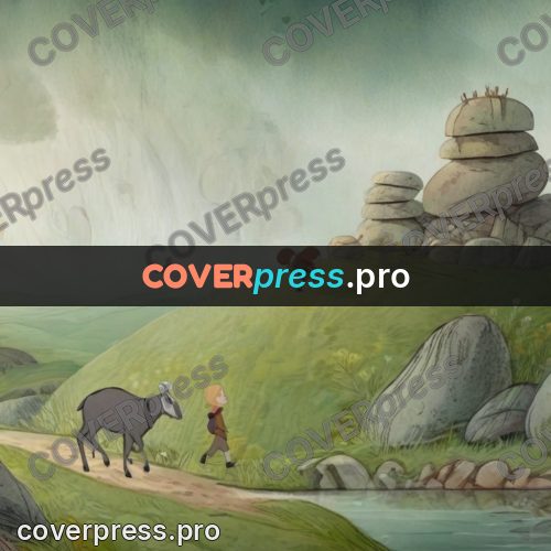 Fairy tale drawing: figure on a hill among boulders