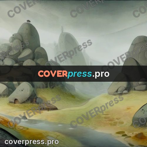 Fairy tale drawing: boulders on green slopes