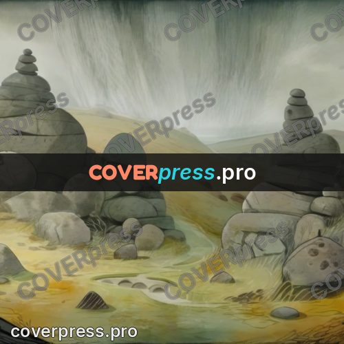 Fairy tale drawing: boulders on green slopes