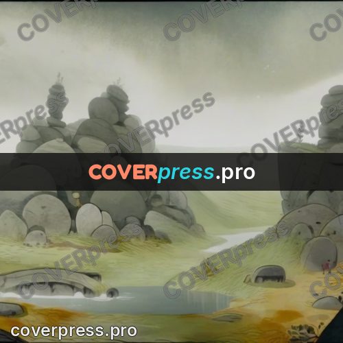 Fairy tale drawing: boulders on green slopes