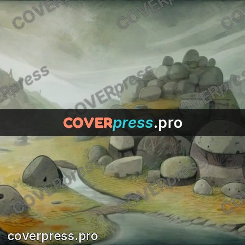 Fairy tale drawing: boulders on green slopes