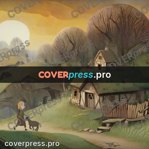 Fairy tale drawing: village with goats at sunset