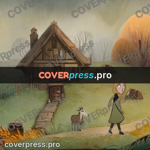 Fairy tale drawing: village with goats at sunset