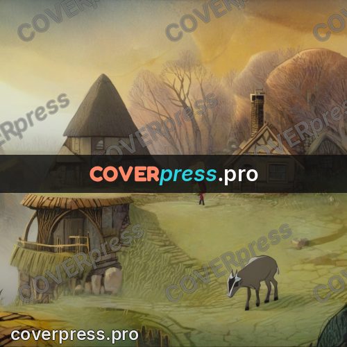 Fairy tale drawing: village with goats at sunset