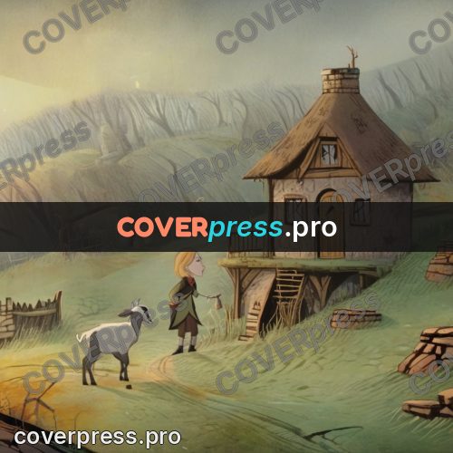 Fairy tale drawing: village with goats at sunset