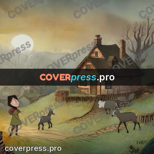 Fairy tale drawing: village with goats at sunset
