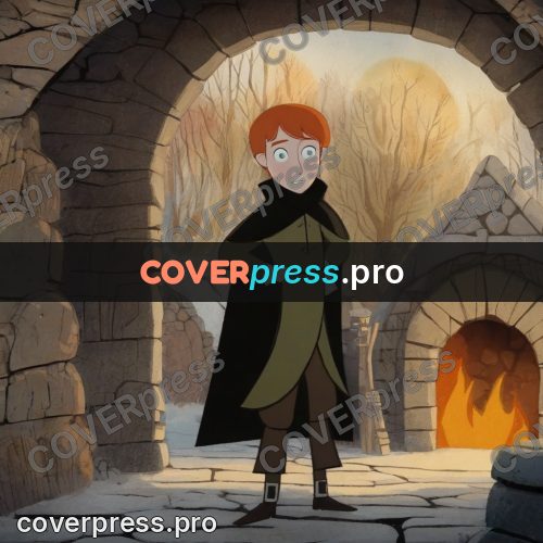 Fairy tale drawing: boy by a stone hearth