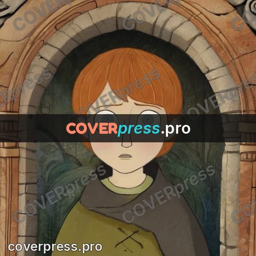 Fairy tale drawing: boy's face in a stone arch