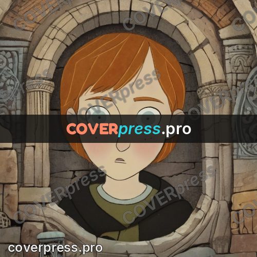 Fairy tale drawing: boy's face in a stone arch