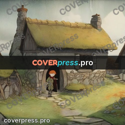 Fairy tale drawing: stone house with a thatched roof