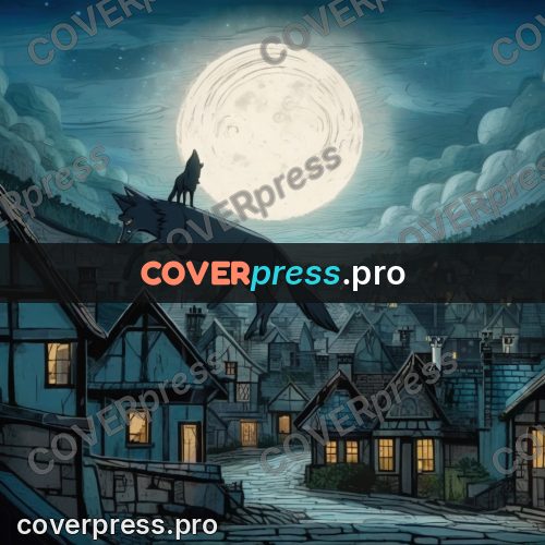 Fairy tale drawing: wolf above a night village