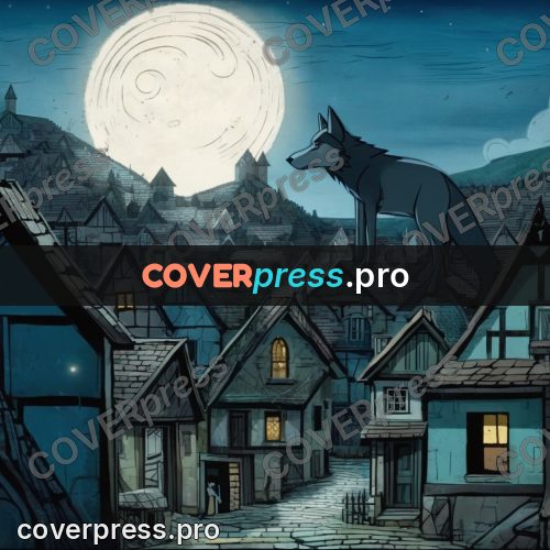 Fairy tale drawing: wolf above a night village