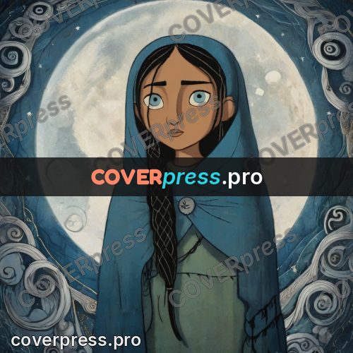 Fairy tale drawing: girl with braids before the moon