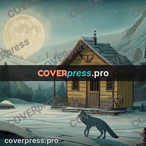 Fairy tale drawing: wolf by a house in snow