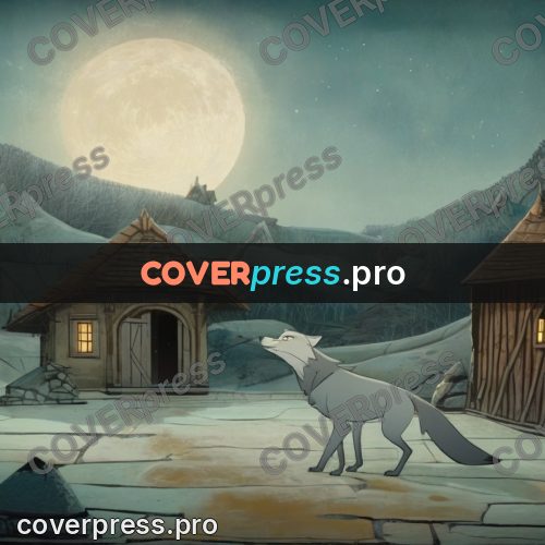 Fairy tale drawing: wolf by a house in snow