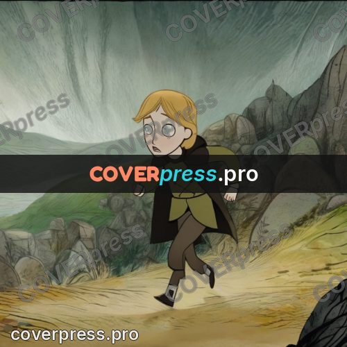 Fairy tale drawing: boy running down a slope
