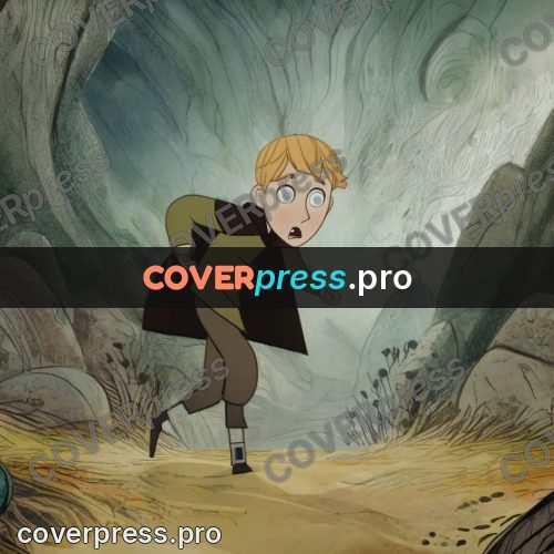 Fairy tale drawing: boy running down a slope