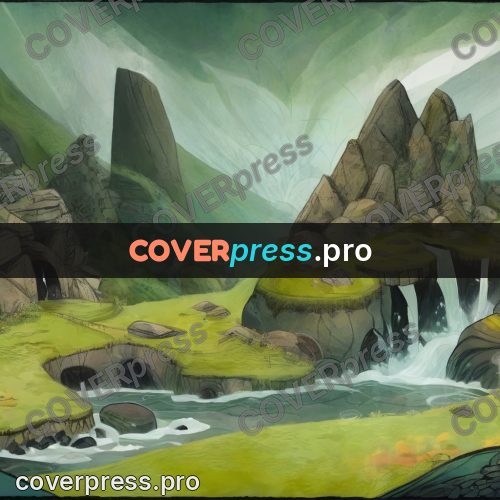 Fairy tale drawing: waterfalls in a green valley