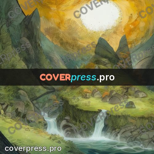 Fairy tale drawing: waterfalls in a green valley
