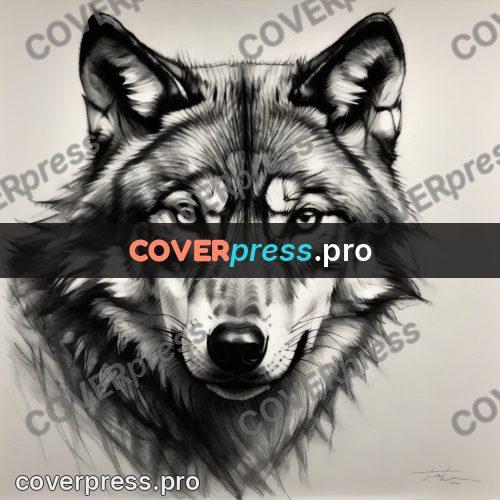 Charcoal sketch: wolf face head on