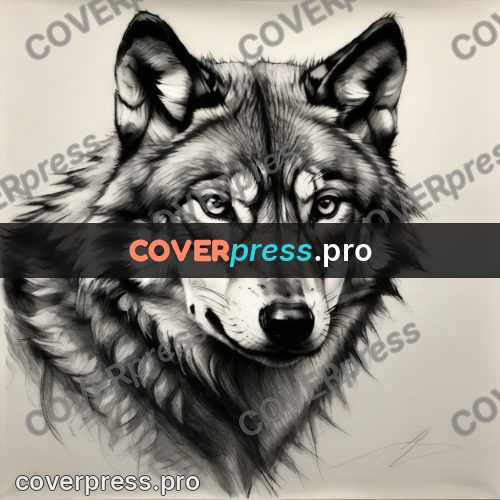 Charcoal sketch: wolf face head on