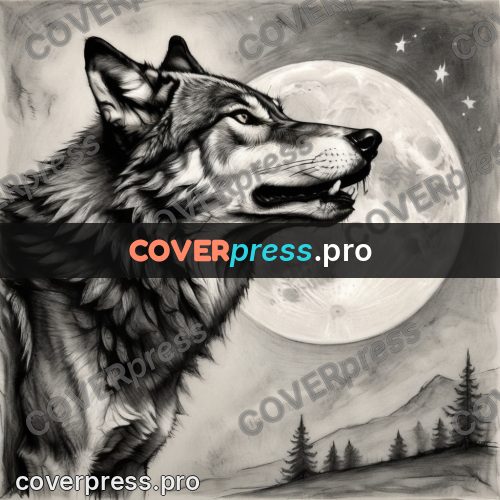 Charcoal sketch: wolf howling at the moon