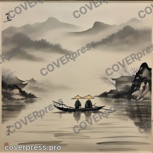 В стиле Китайская тушь: узкая лодка стоит посреди пустой воды: корпус