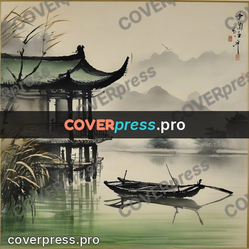 Ink wash drawing: boat by a pavilion on water