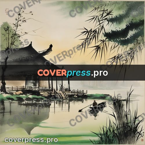 Ink wash drawing: boat by a pavilion on water