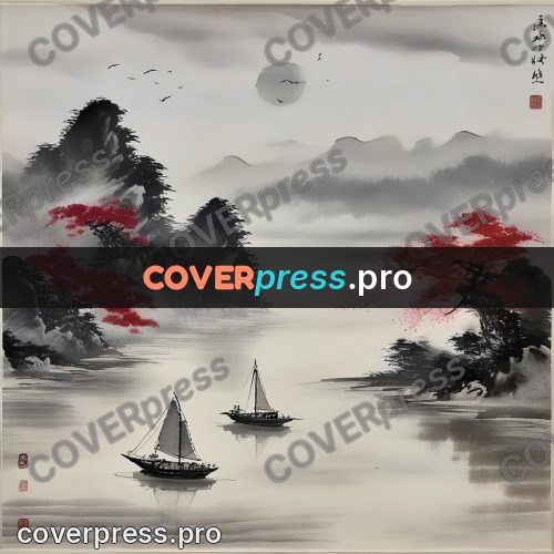 Ink wash drawing: boat under sail on the river