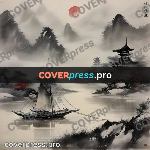 Ink wash drawing: boat under sail on the river