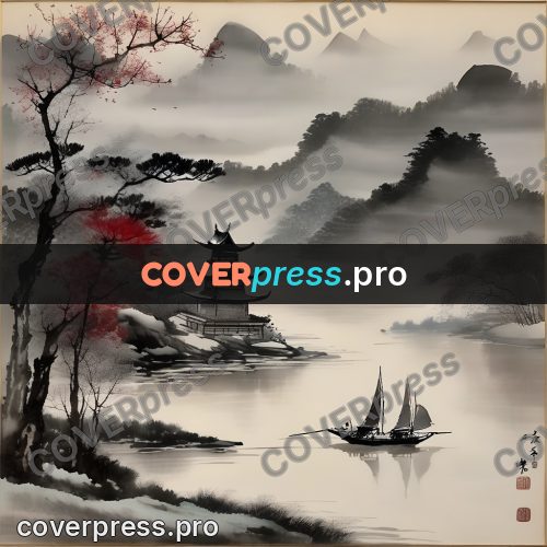 Ink wash drawing: boat under sail on the river