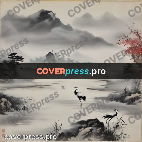 Ink wash drawing: crane in shallow water