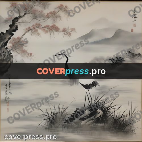 Ink wash drawing: crane in shallow water