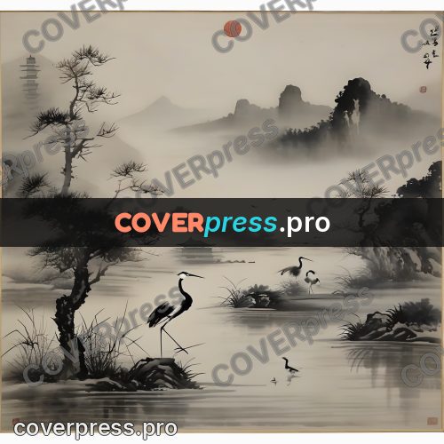 Ink wash drawing: crane in shallow water