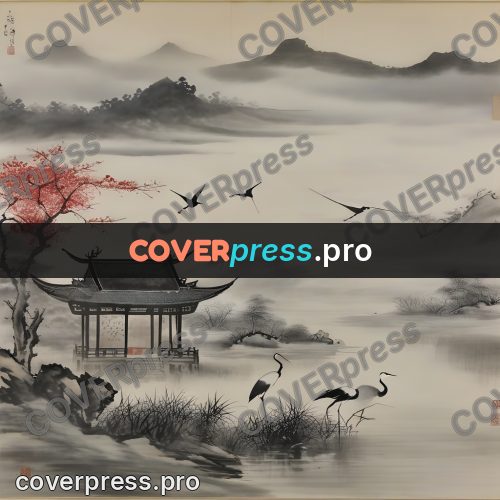 Ink wash drawing: crane in shallow water