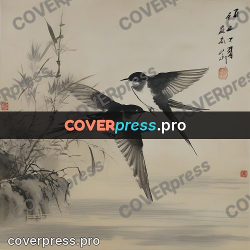 Ink wash drawing: swallows above the water