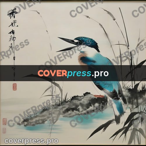 Ink wash drawing: kingfisher on a reed