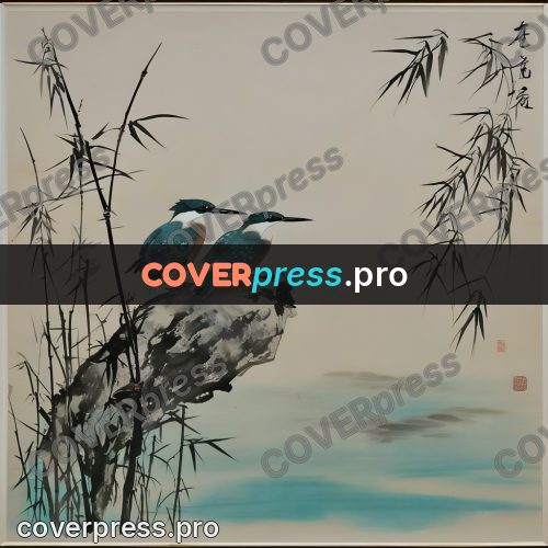 Ink wash drawing: kingfisher on a reed